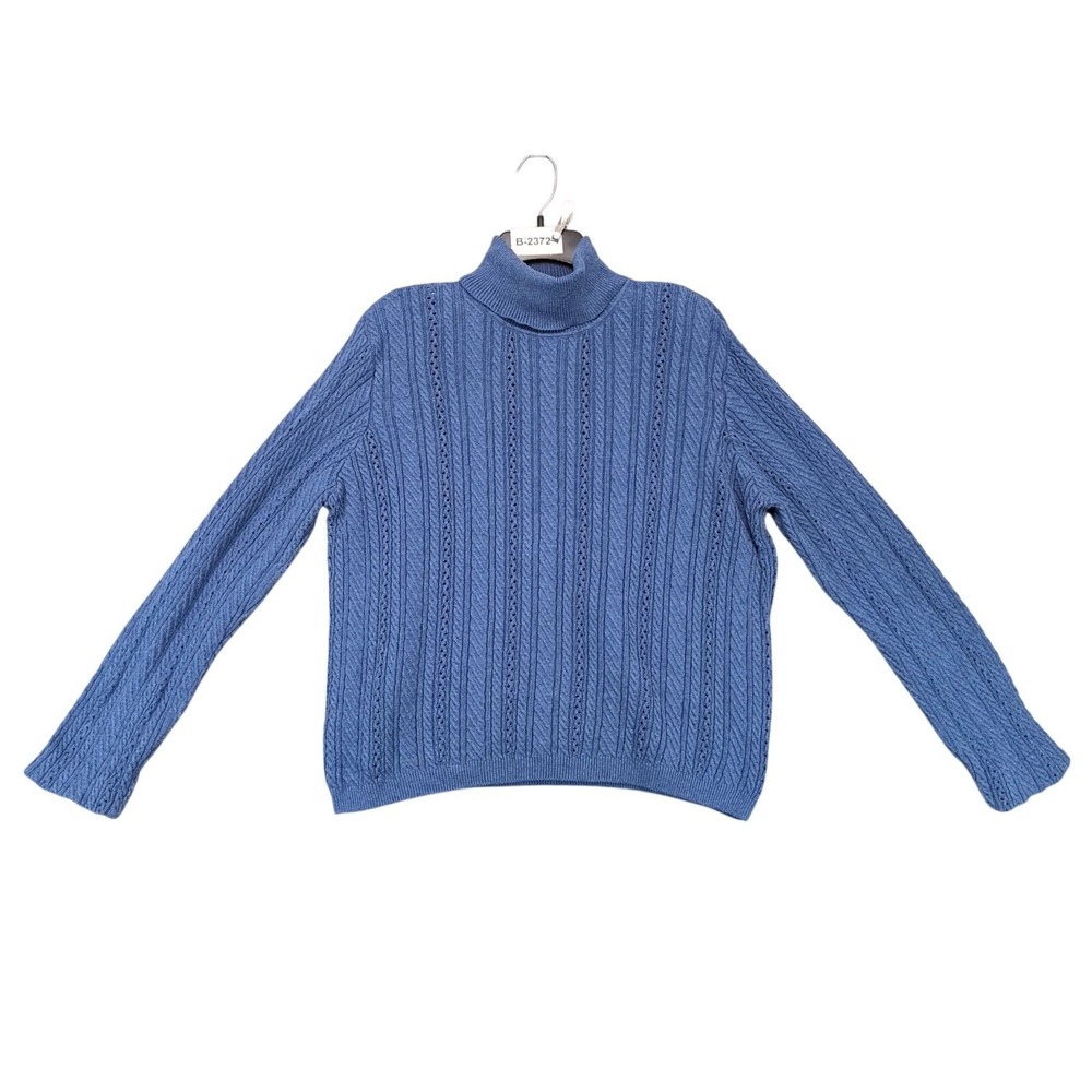 Vintage 90s Wainscott Blue Cable Knit Turtleneck Sweater Womens XL Cotton Preppy